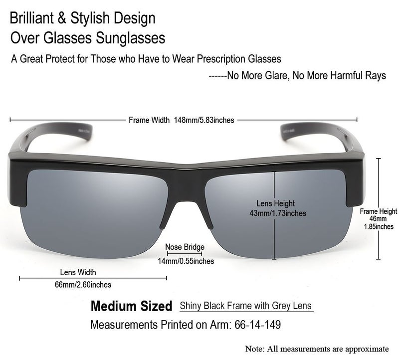 CAXMAN Wear Over Glasses Sunglasses Polarized Lens for Prescription Glasses, Medium Sized Half Frame, Glossy Black Frame Black Lens - Image 1